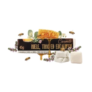 Fotografia della confezione di caramelle stick al miele timo ed eucalipto di Apicoltura Roberto Arru